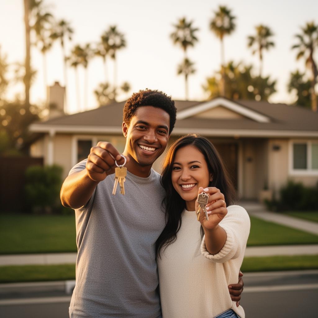 Young Southern California couple holding keys to their first home